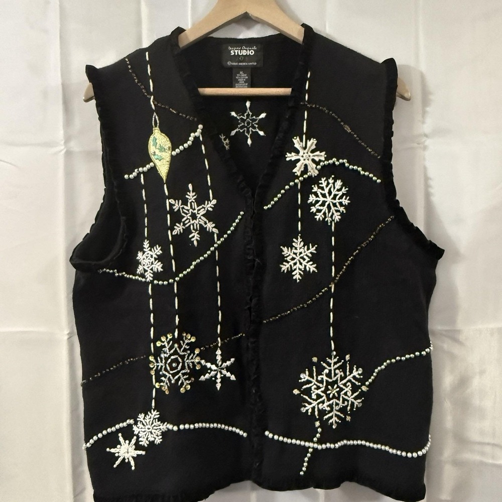 Vtg Designer Originals Womens XL Cardigan Sweater Vest Snowflake Ugly Christmas‎